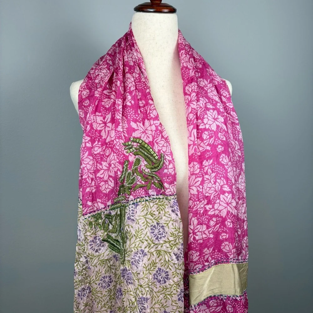 Sete di Jaipur Silk Beaded Sequin Embroidered Scarf 60x40 Hand Stitched Pink